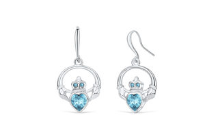 Claddagh Ring Earrings with Aquamarine Blue Crystal