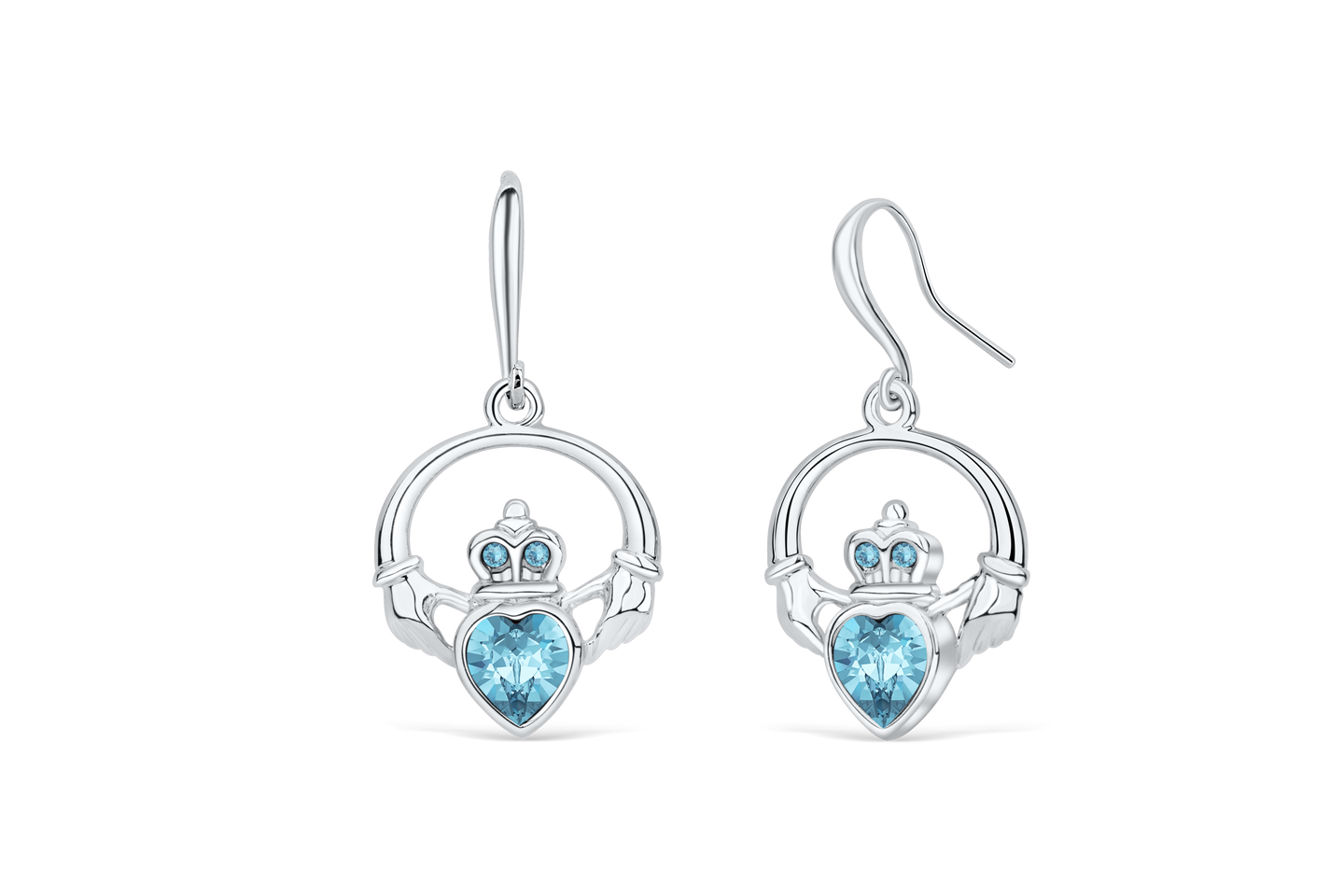 Claddagh Ring Earrings with Aquamarine Blue Crystal