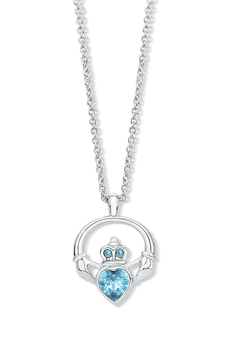 Claddagh Ring Pendant set with Aquamarine Blue Crystal